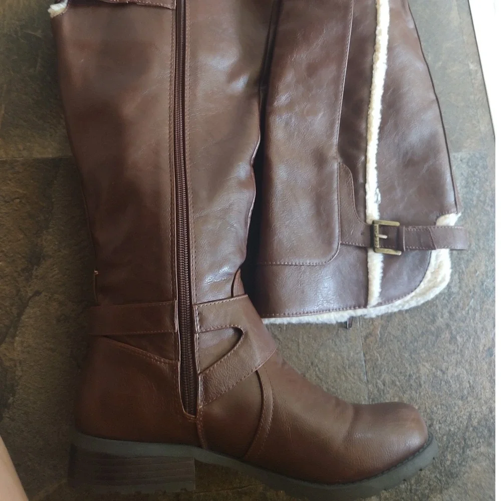 G by GUESS Riding Boots Women 10 Brown Excellent Shearling Trim Buckle Tall Zip